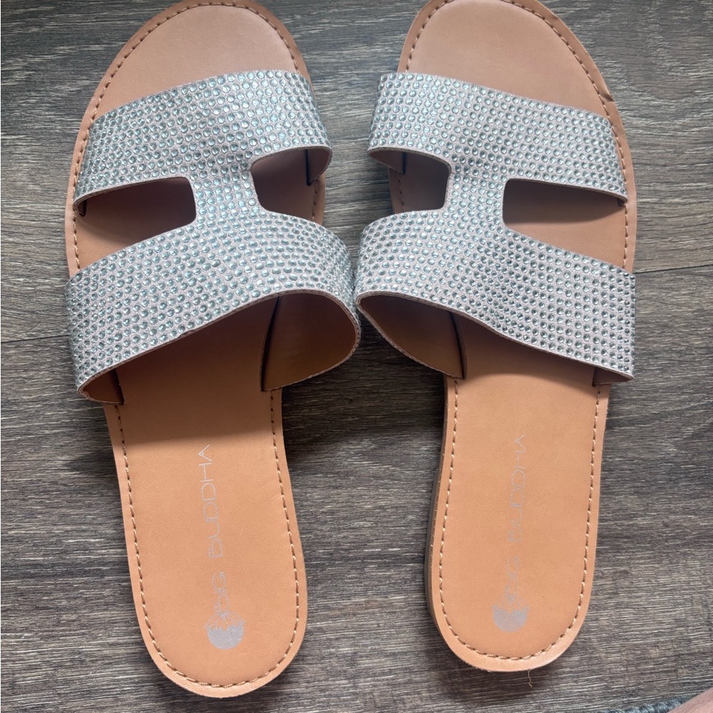 Big Buddha Silver Crystal Slide Sandals